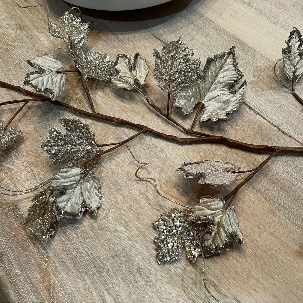 Metallic Glitter Champagne and Taupe Fig Leaf Holiday Garland